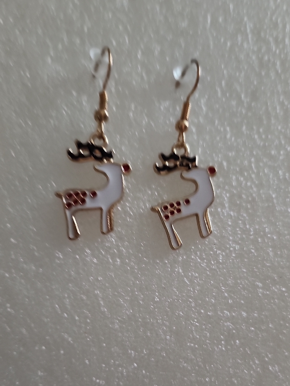 Hand Crafted White and Gold Reindeer Dangle Earrings